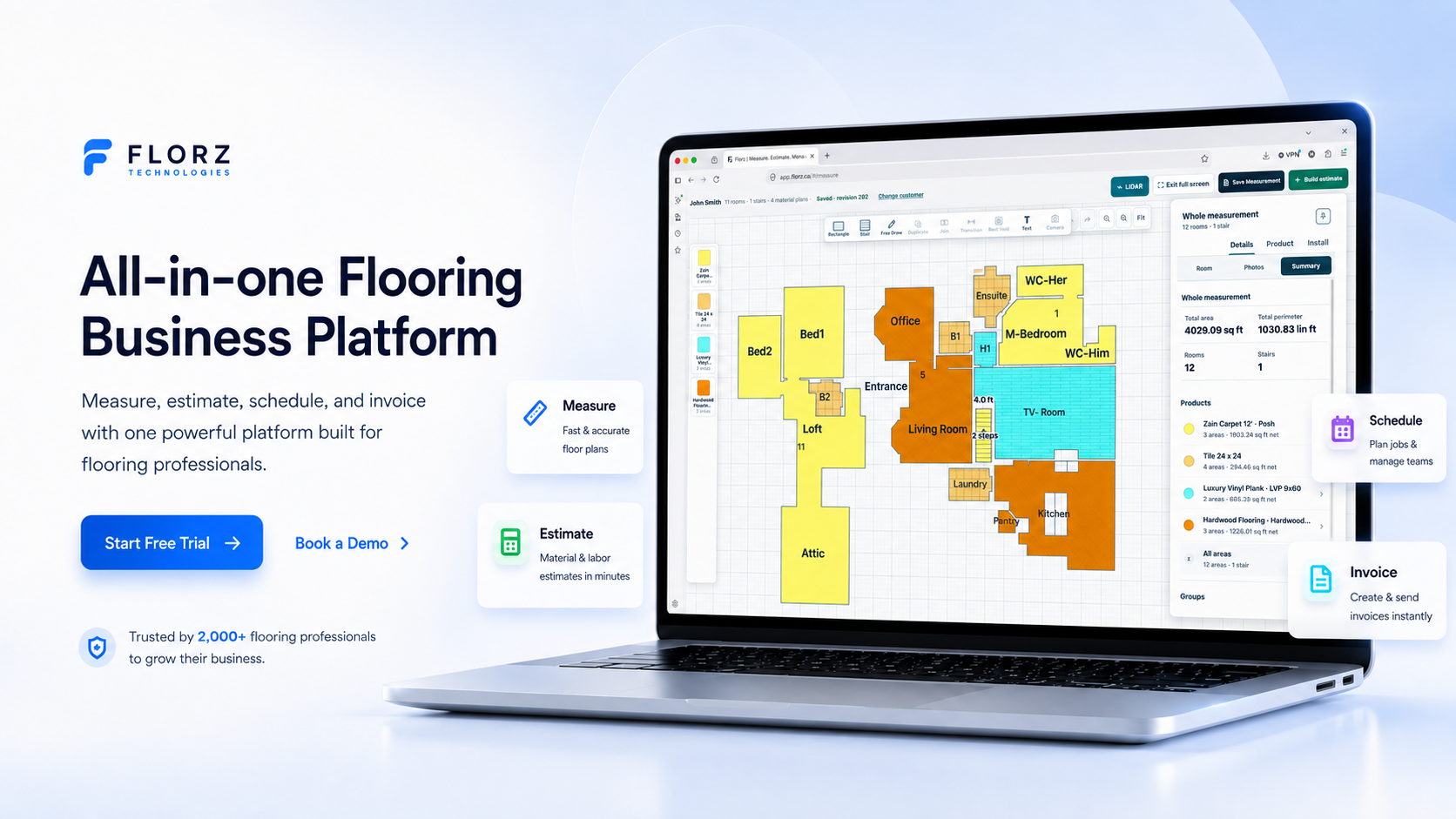 Florz Technologies all-in-one flooring business platform with the Florz floor plan workspace shown on an angled laptop